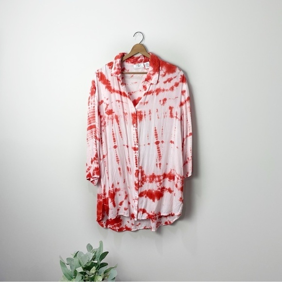 [Oso Casuals] Women's Size: XL Red & White Tie Dye Button Down Flowy Top - Picture 1 of 6